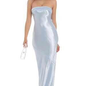 Lucy in the Sky Strapless Satin Open Back Maxi Dress in Light Blue